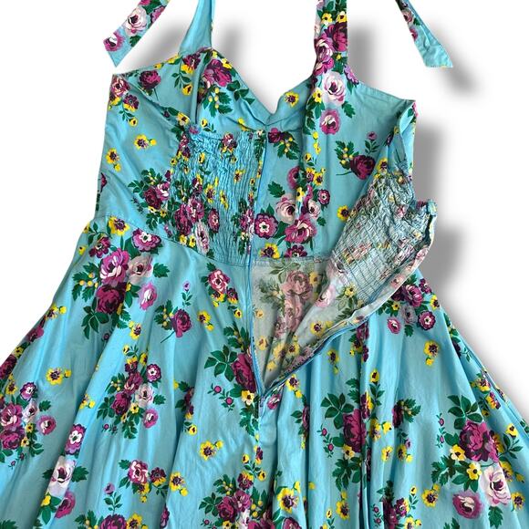 Hell Bunny Vixen Retro Halter Sundress Blue Floral Rockabilly Pin Up 50s Dress L - Picture 6 of 10